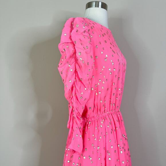 Lilly Pulitzer | Silk Chianna Coral Sands Pink Gold Polka Dot Puff Sleeve Dress - Picture 6 of 10